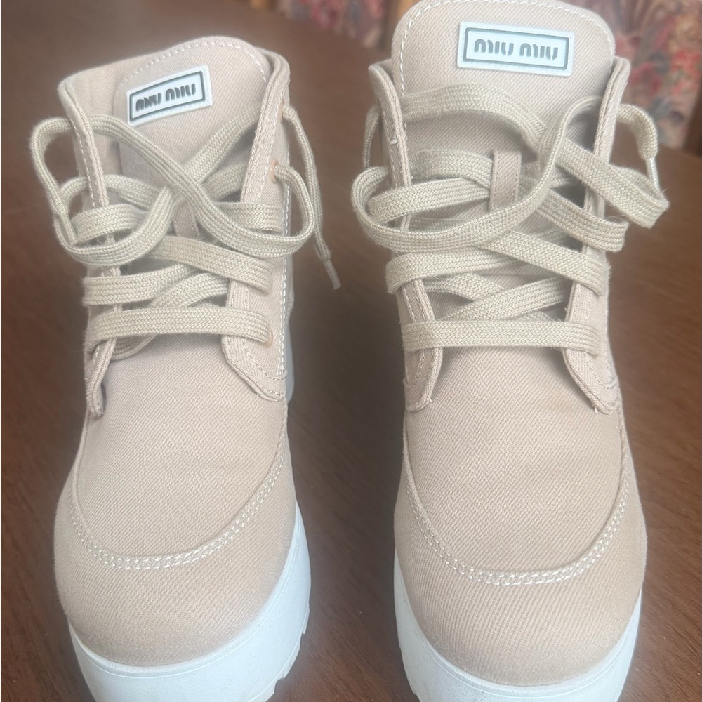 Miu Miu Beige Lace-Up Platform Boots